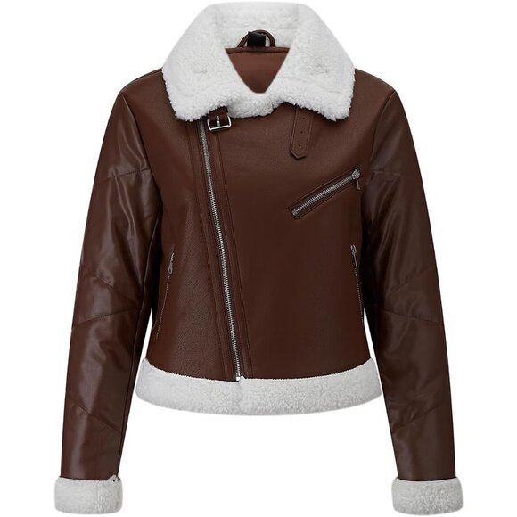 Jackets & Blazers - Women's Fur Leather Jacket Shearing Cropped Faux Fur Lined Moto Coat 159 Brown